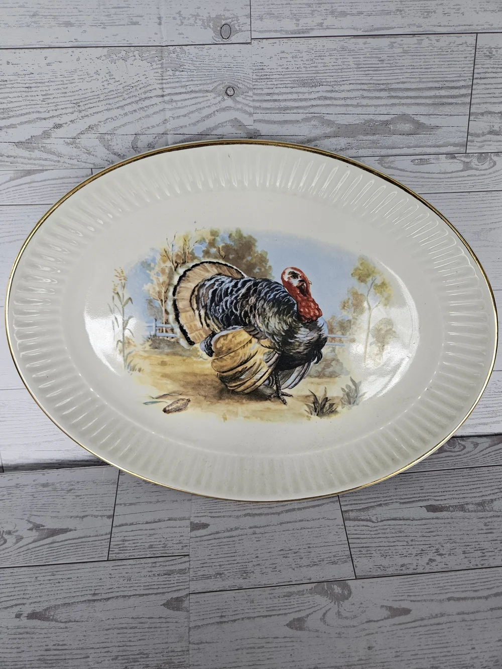 Decorative Thanksgiving Turkey Platter - Cream with Gold Rim Vintage 1950